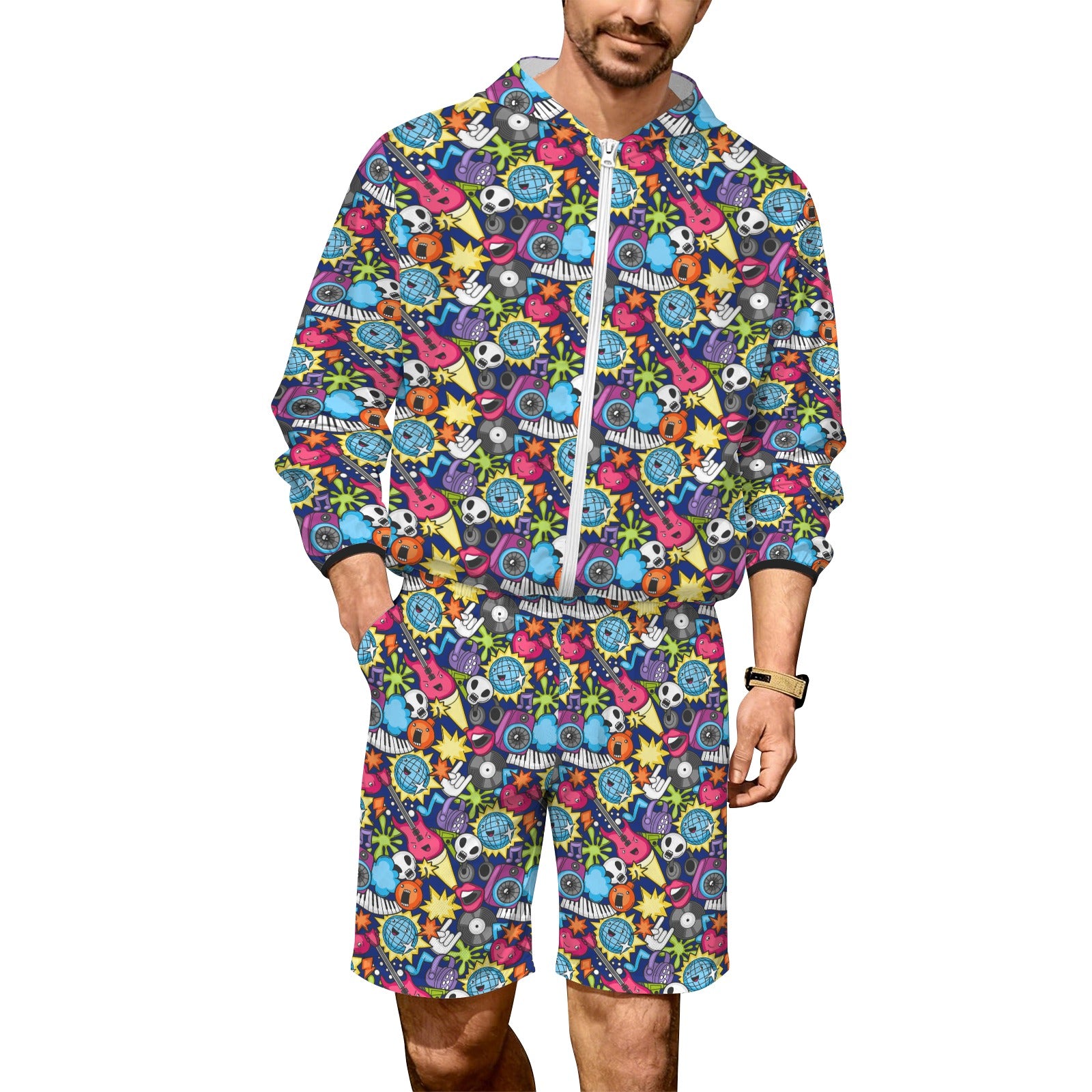 Sticker Music Men's Lightweight Sun Hoodie & Shorts Set 4XL Men's Lightweight Sun Hoodie & Shorts Music Printed Offshore