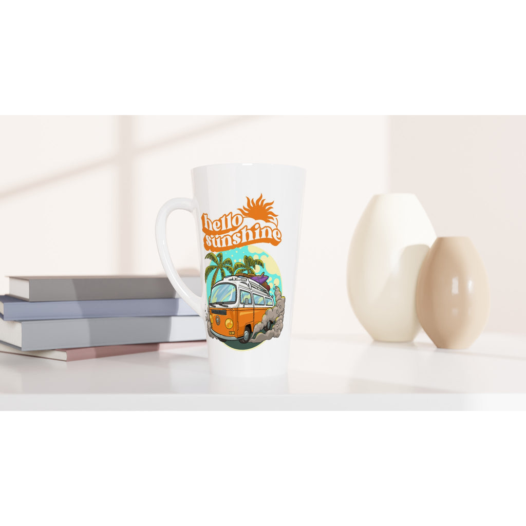 Hello Sunshine, Beach Van - White Latte 17oz Ceramic Mug Latte Mug Globally Fulfilled Summer Surf