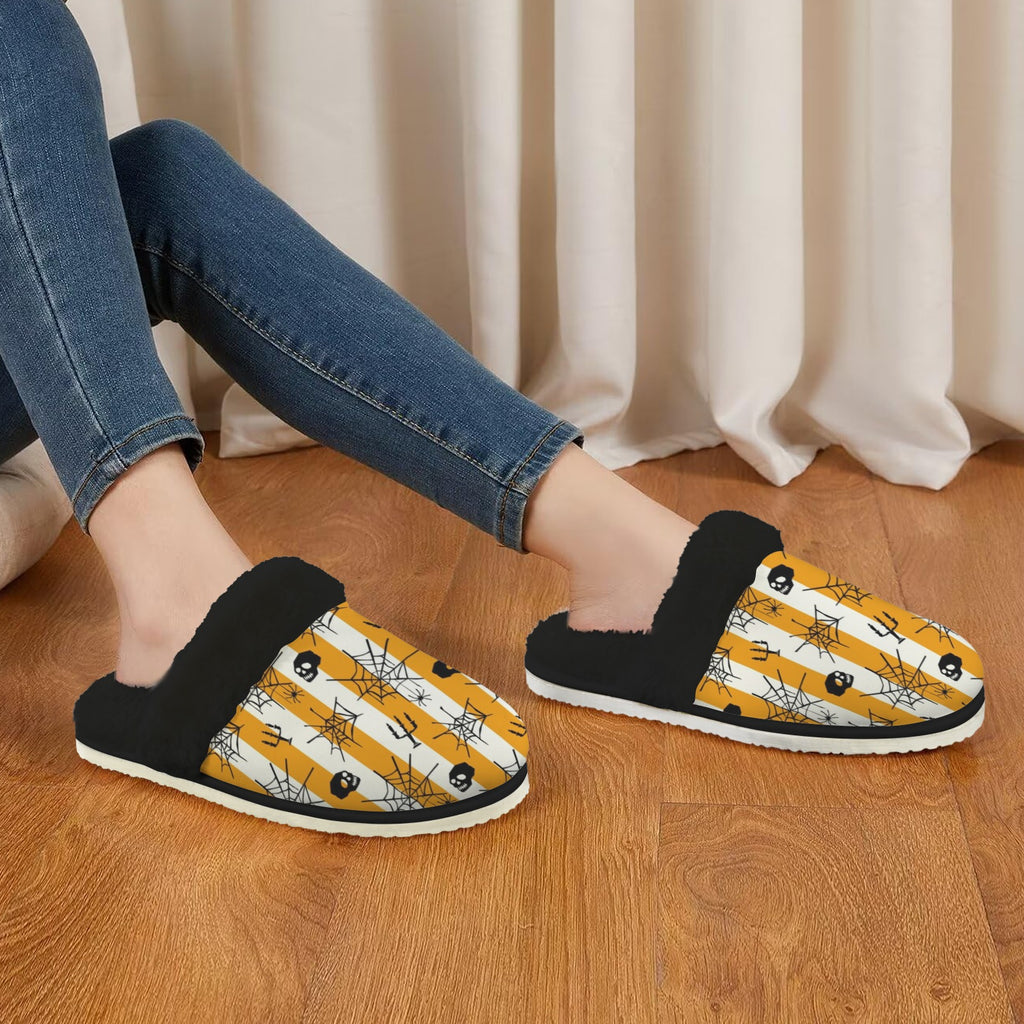 Halloween Stripe Women's Fur Trim Thick-Sole Indoor Slippers Women's Fur Trimmed Slippers Halloween Printed Offshore