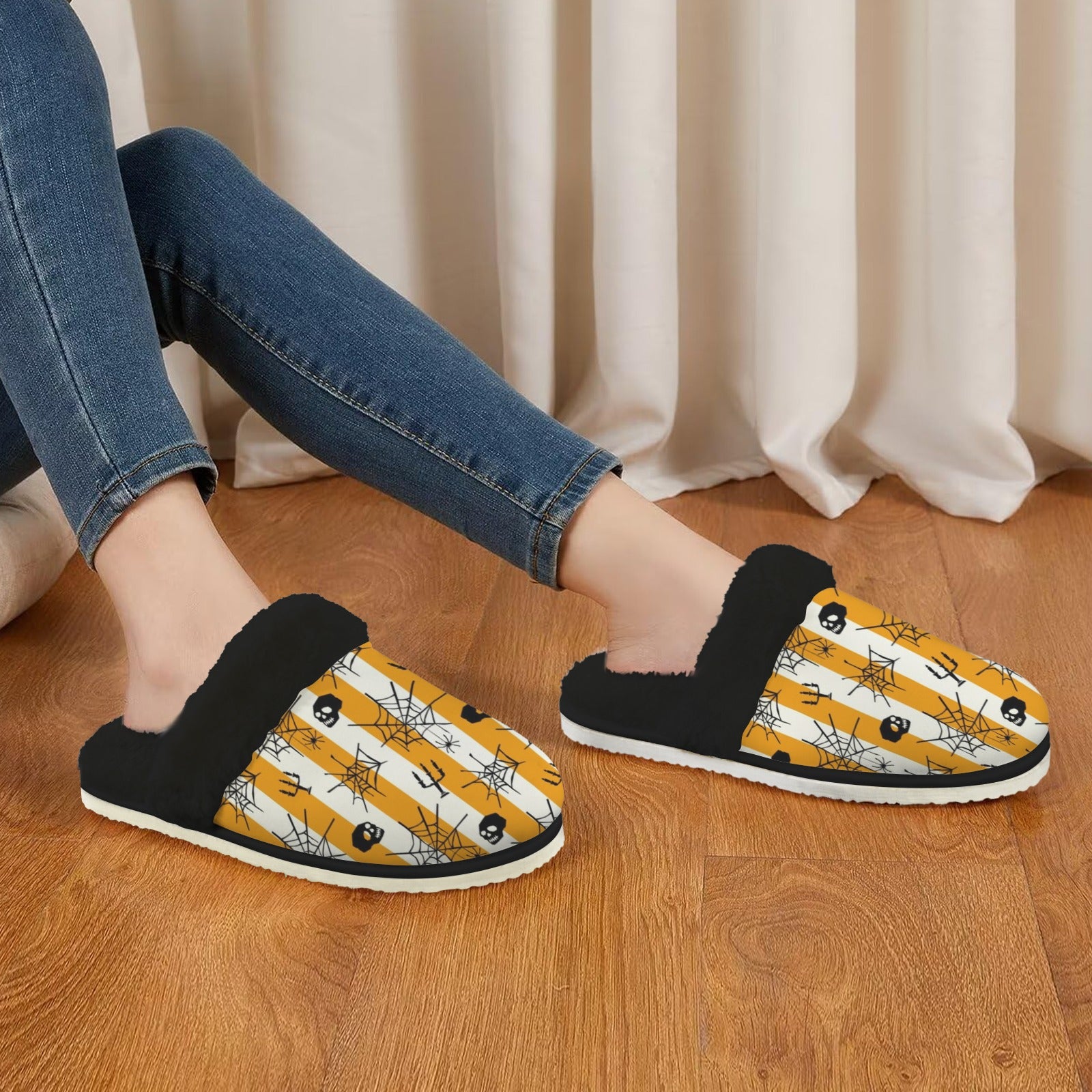 Halloween Stripe Women's Fur Trim Thick-Sole Indoor Slippers Women's Fur Trimmed Slippers Halloween Printed Offshore