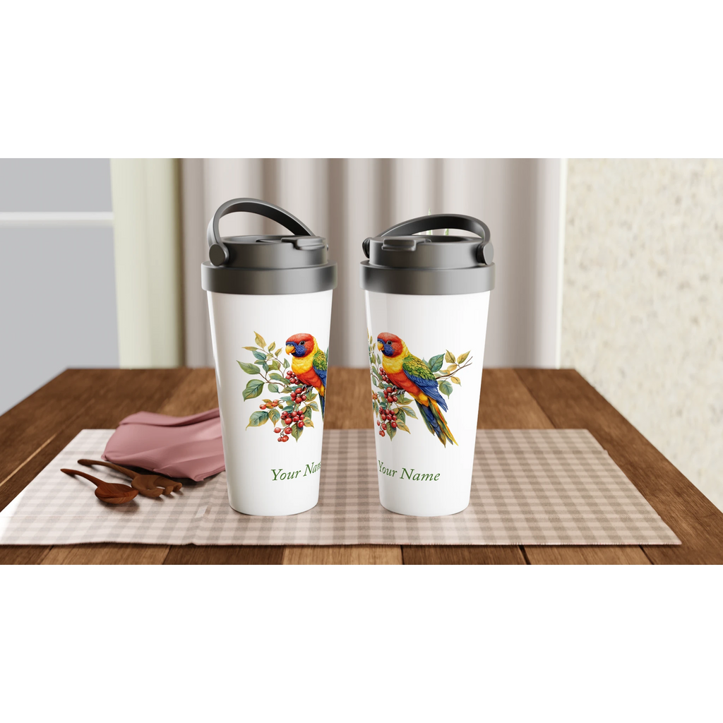 Personalise - Lorikeet, Australian Birds - White 15oz Stainless Steel Travel Mug Personalised Travel Mug animal Globally Fulfilled