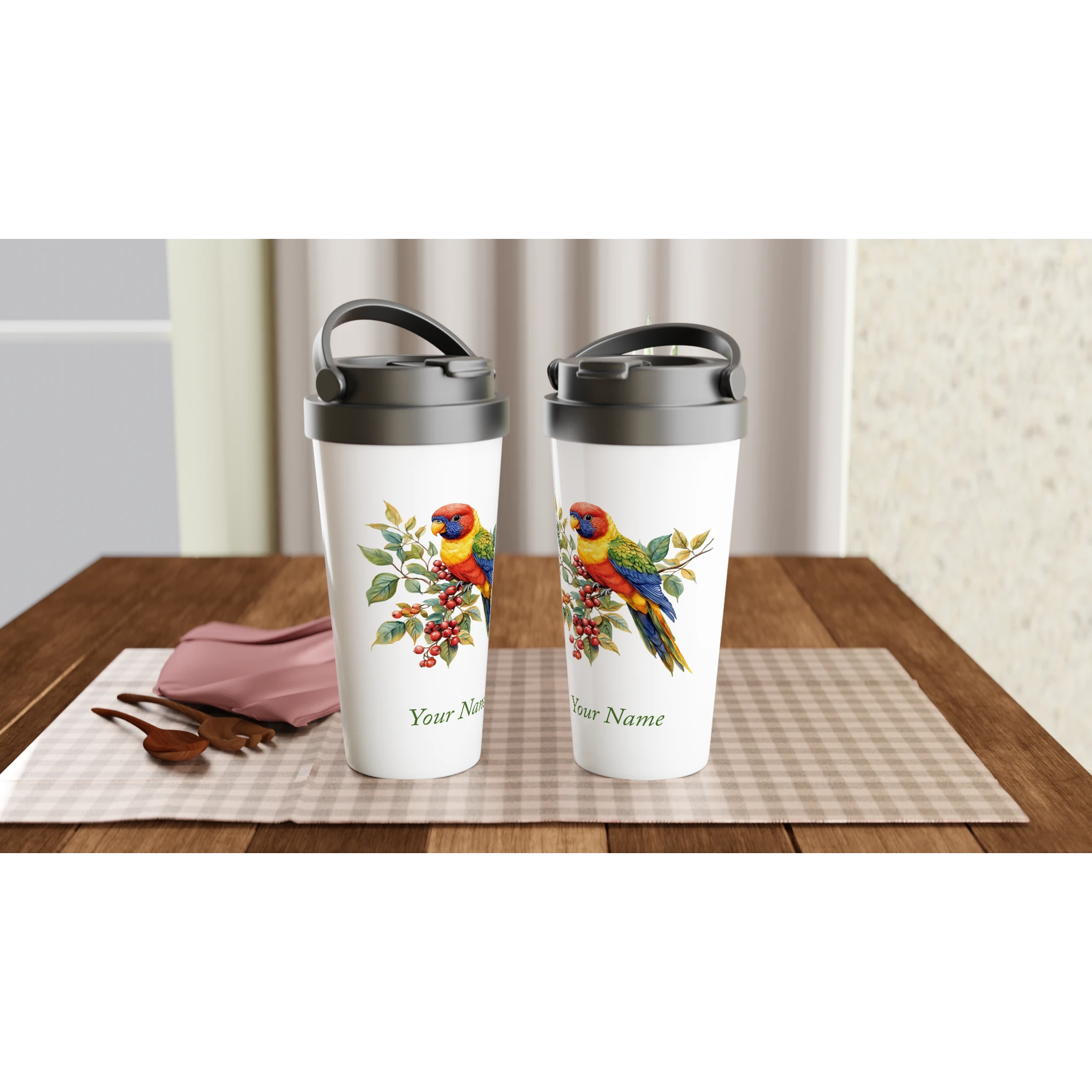 Personalise - Lorikeet, Australian Birds - White 15oz Stainless Steel Travel Mug Personalised Travel Mug animal Globally Fulfilled