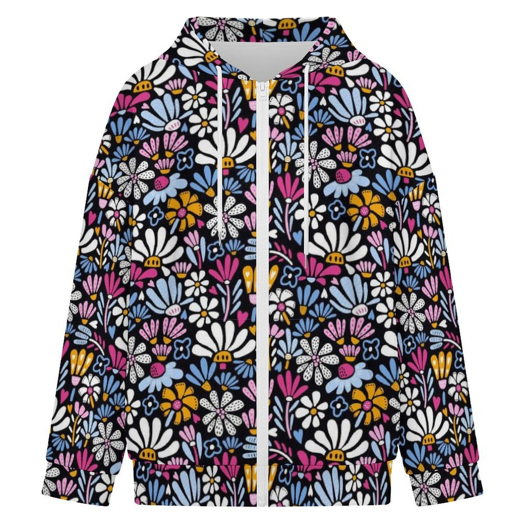 Graphic Flowers On Black Women's Full-Zip Hoodie
