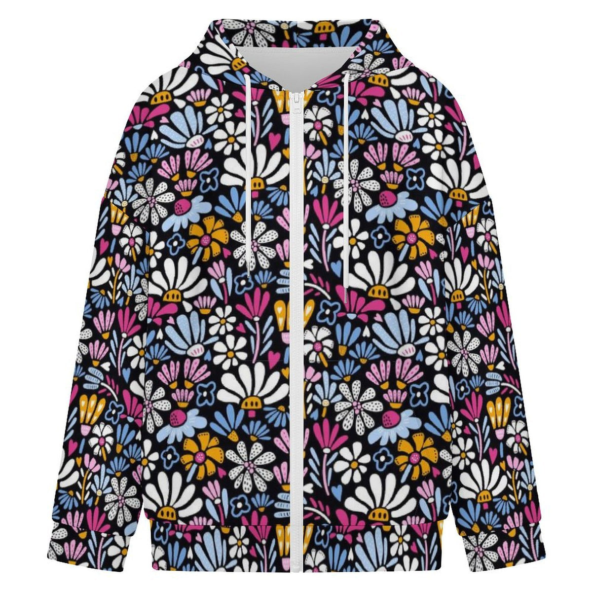 Graphic Flowers On Black Women's Full-Zip Hoodie
