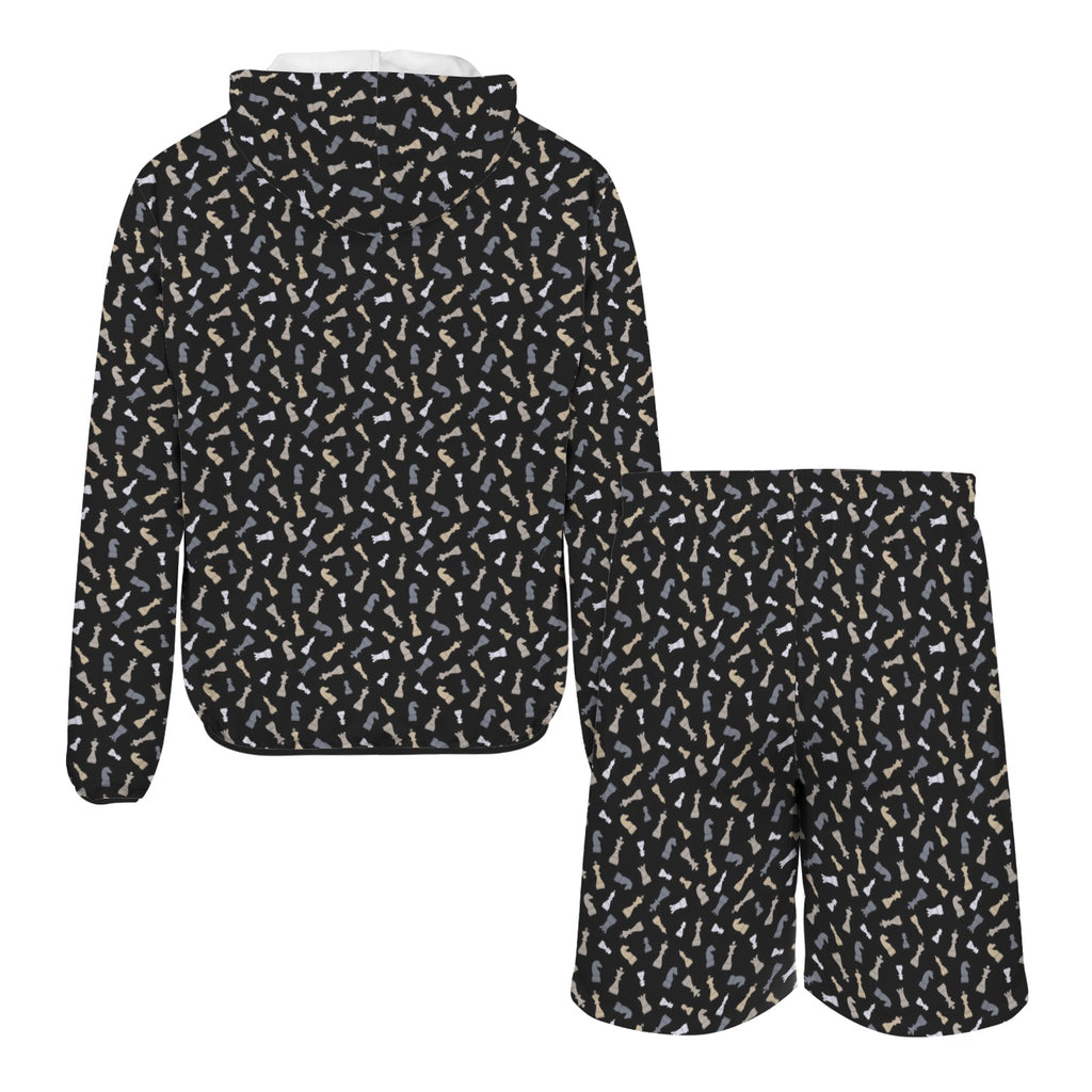 Chess Pattern Men's Lightweight Sun Hoodie & Shorts Set Men's Lightweight Sun Hoodie & Shorts Chess Games Printed Offshore