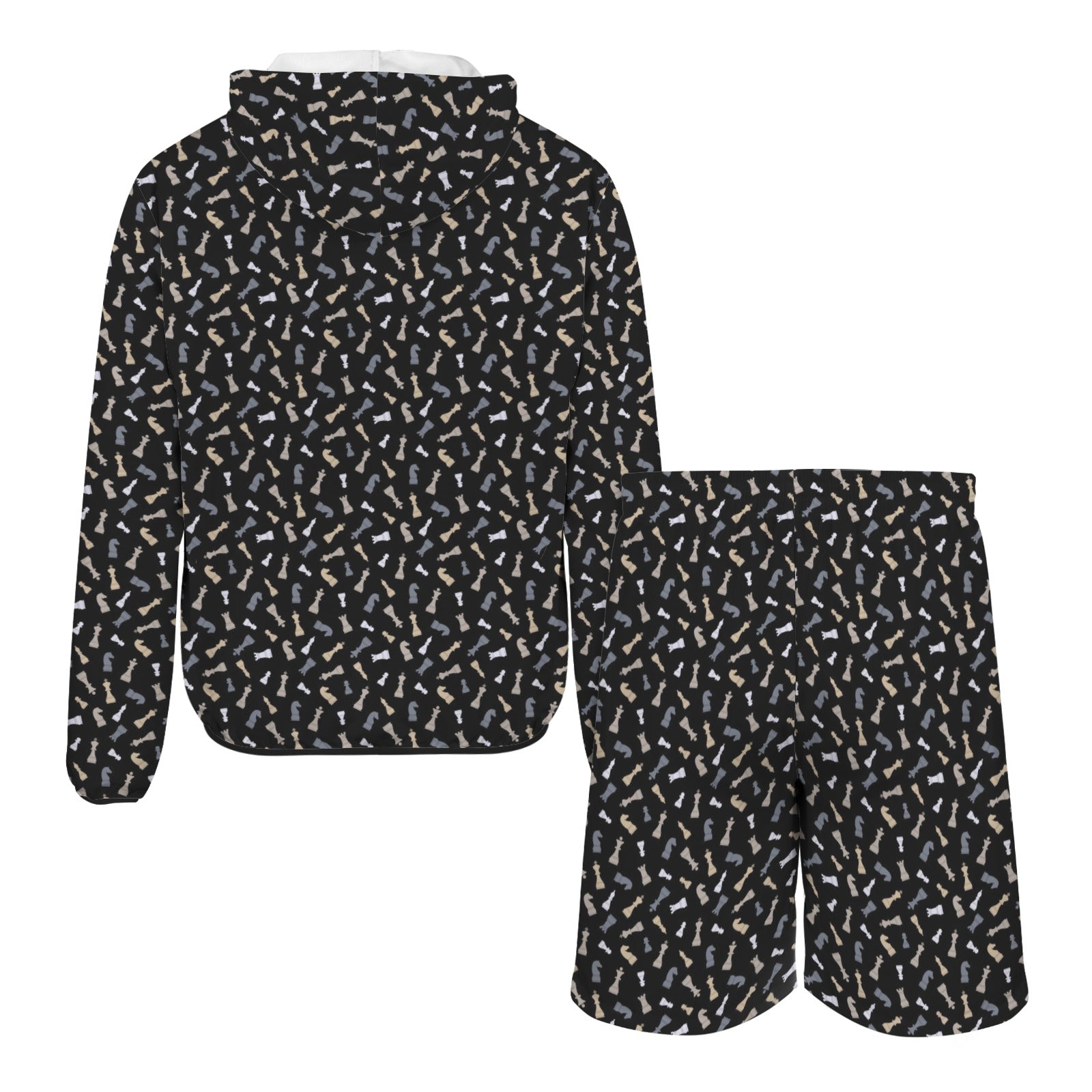 Chess Pattern Men's Lightweight Sun Hoodie & Shorts Set Men's Lightweight Sun Hoodie & Shorts Chess Games Printed Offshore