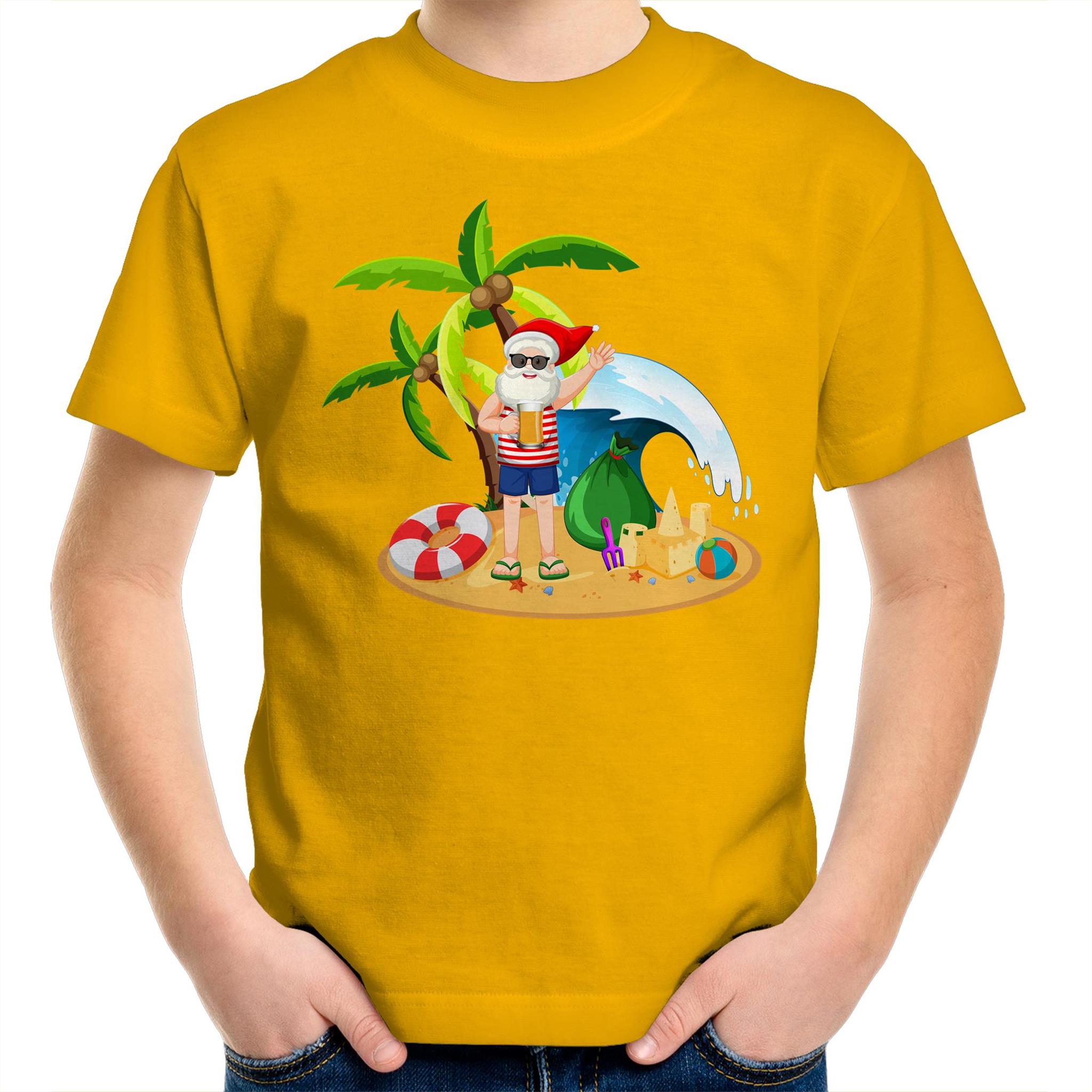 Summer Surf Santa - Kids Youth T-Shirt Gold Kids Christmas T-shirt Christmas Printed In Australia