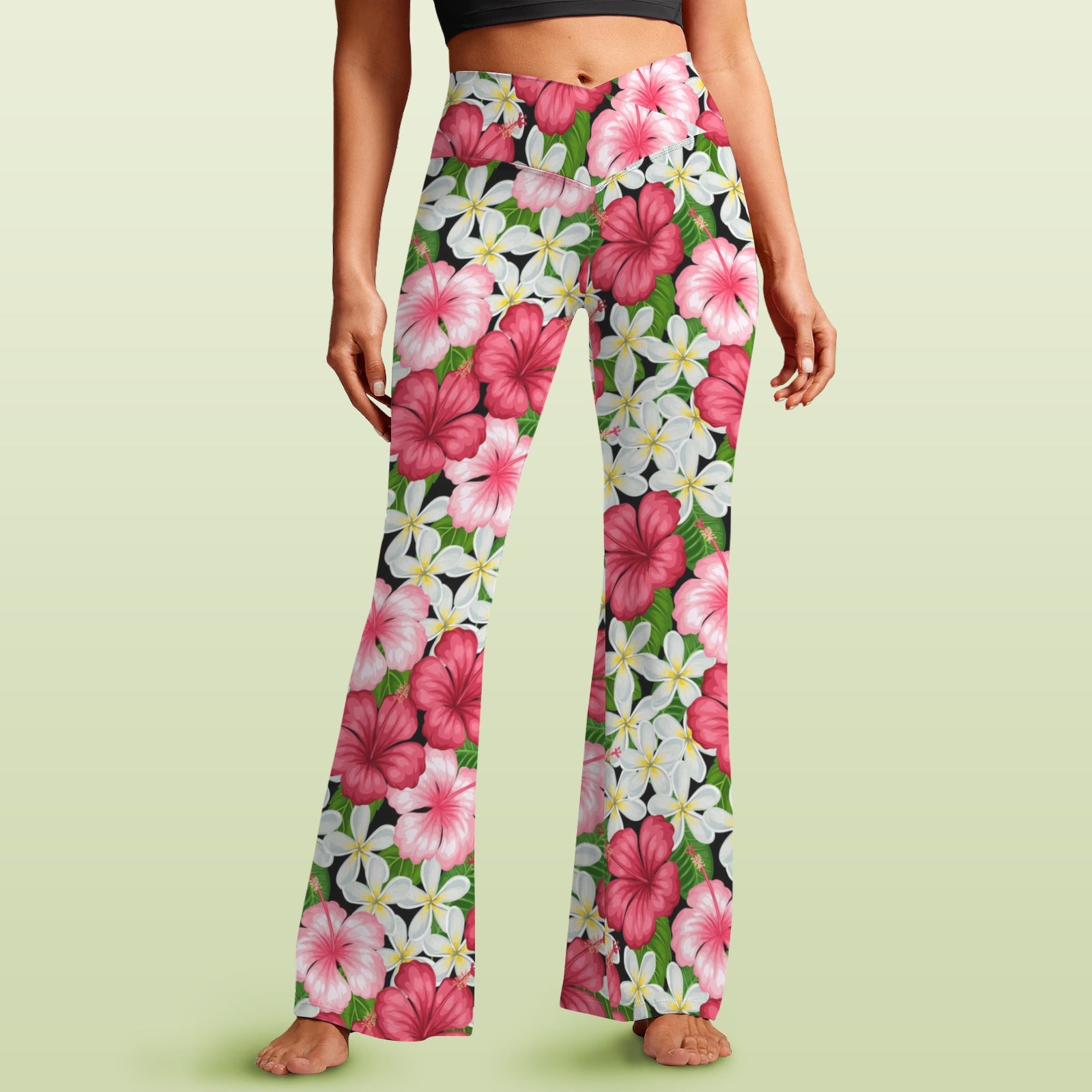 Hibiscus High Waist Crossover Tummy Control Flare Leggings 5XL High Waist Flare Leggings Plants Printed Offshore