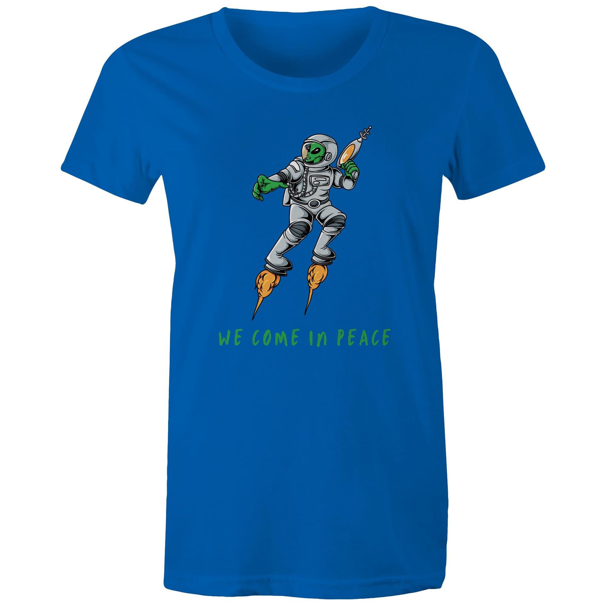 Alien Invasion, We Come In Peace - Womens T-shirt Bright Royal Womens T-shirt Printed In Australia Sci Fi