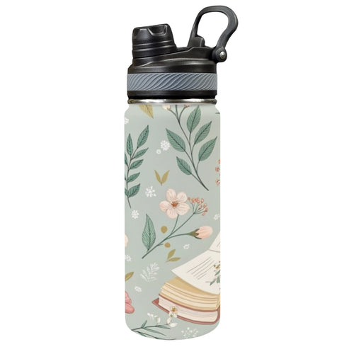 Books And Flowers In Green - Insulated Water Bottle with Dual-Use Lid (18oz) One Size Insulated Water Bottle with Dual-Use Lid (18oz) Plants Printed Offshore Reading