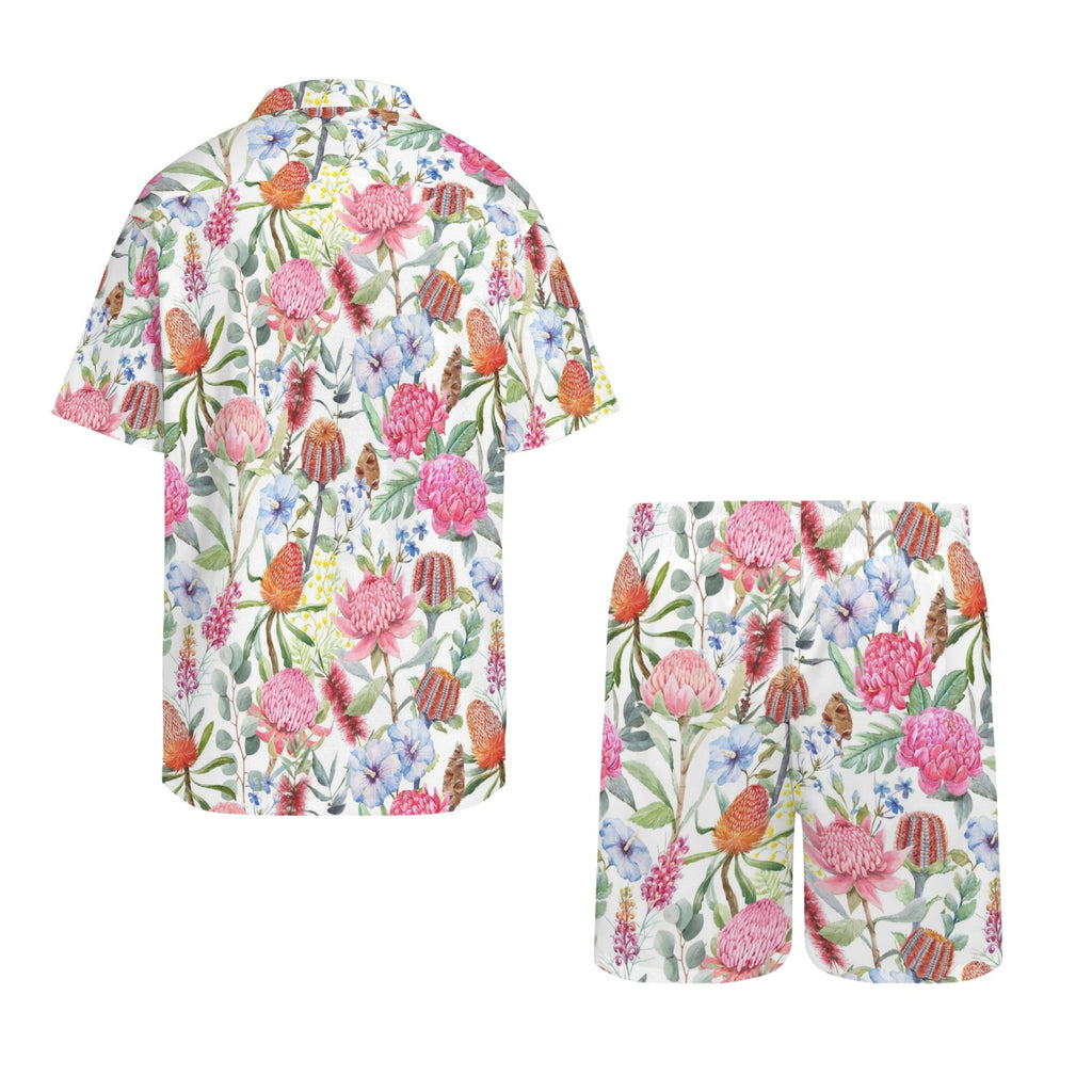 Australian Flowers Men's Hawaiian Shirt & Shorts Set Men's Hawaiian Shirt & Shorts Set Plants Printed Offshore