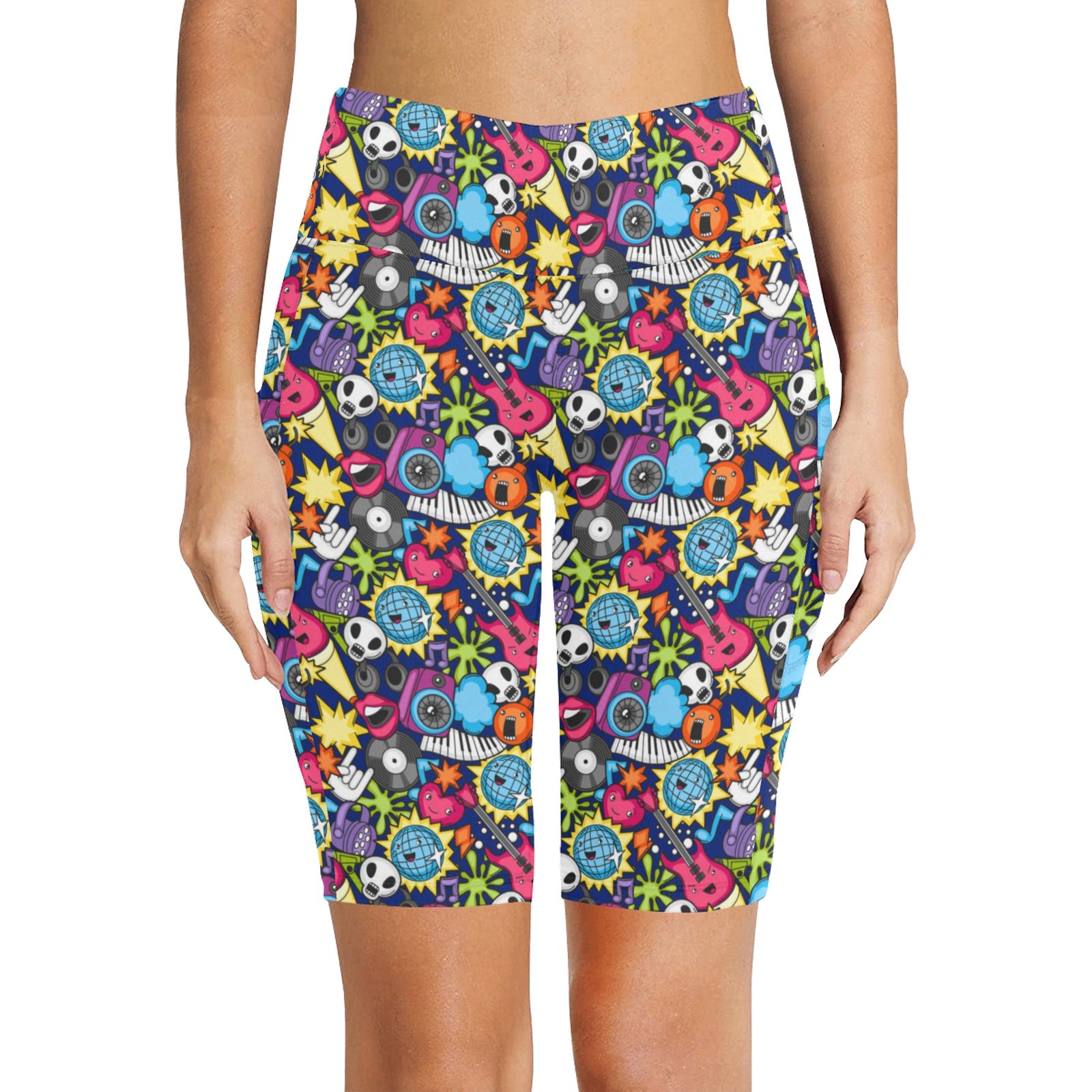 Sticker Music Women's Bike Shorts With Side Pockets Women's Bike Shorts Music Printed Offshore