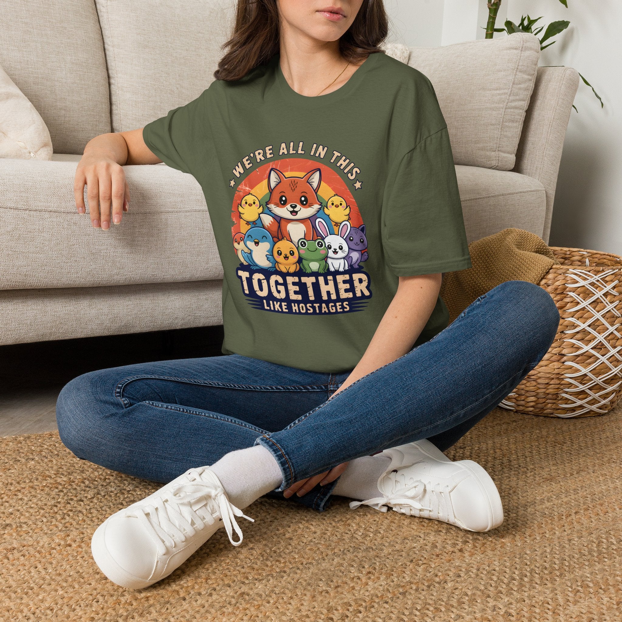 Cute Fox and Animal Friends We're All In This Together Like Hostages Unisex T-Shirt Military Green Unisex Adult T-shirt animal Globally Fulfilled