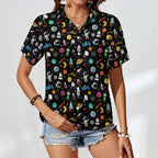 Fun Space Women's Collared Pocketless Short Sleeve Shirt