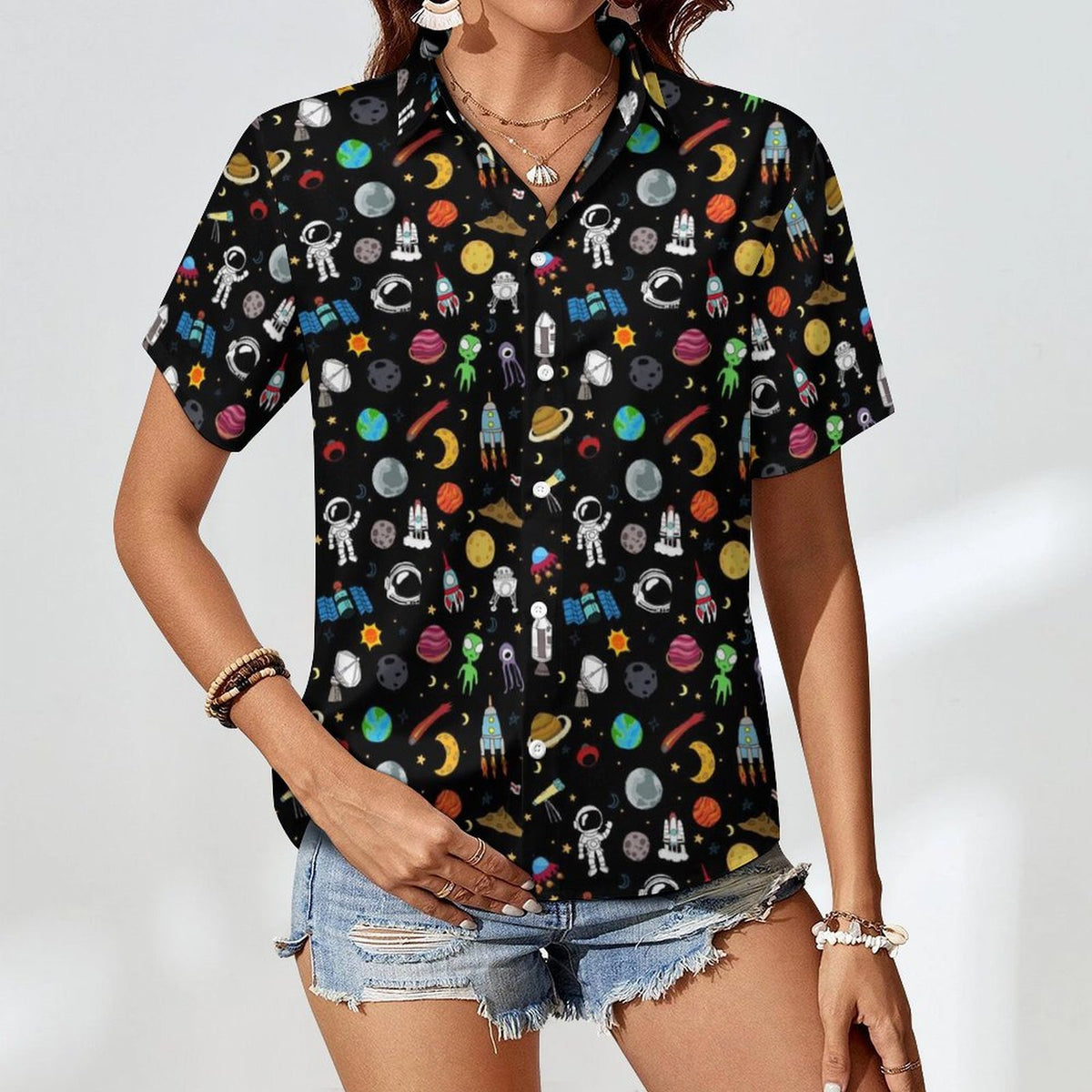 Fun Space Women's Collared Pocketless Short Sleeve Shirt