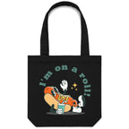 Hotdog, I'm On A Roll - Canvas Tote Bag Black One Size Tote Bag Food Printed In Australia