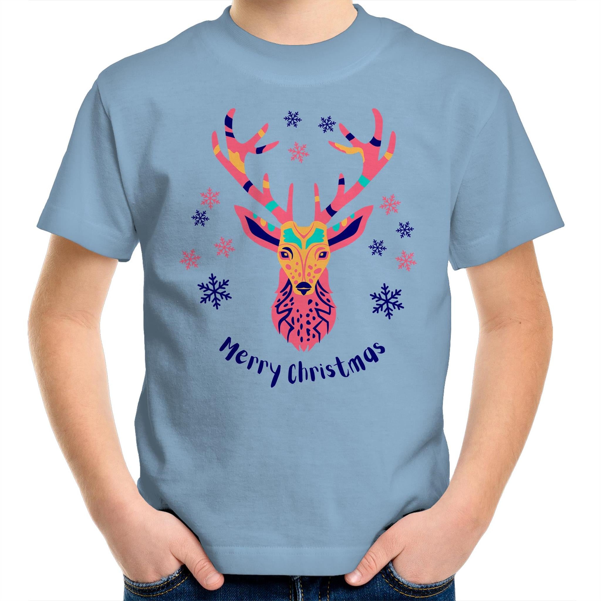 Christmas Deer - Kids Youth T-Shirt Carolina Blue Kids Christmas T-shirt Christmas Printed In Australia