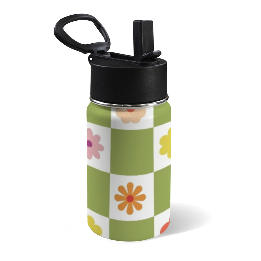 Flower Check 12oz Kids Water Bottle with Straw Lid