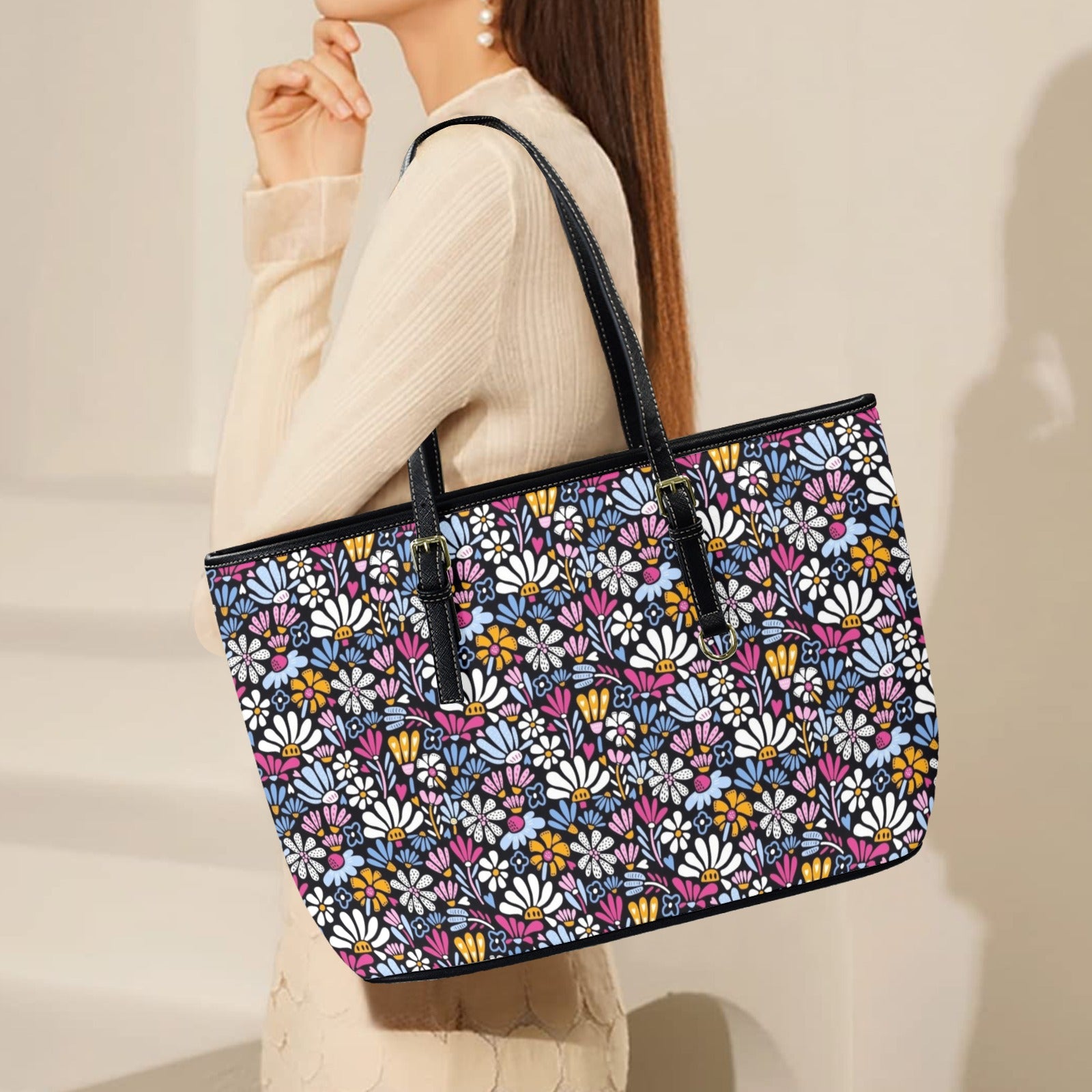 Graphic Flowers On Black PU Leather Tote Bag Large Leather Tote Bag-Large Plants Printed Offshore