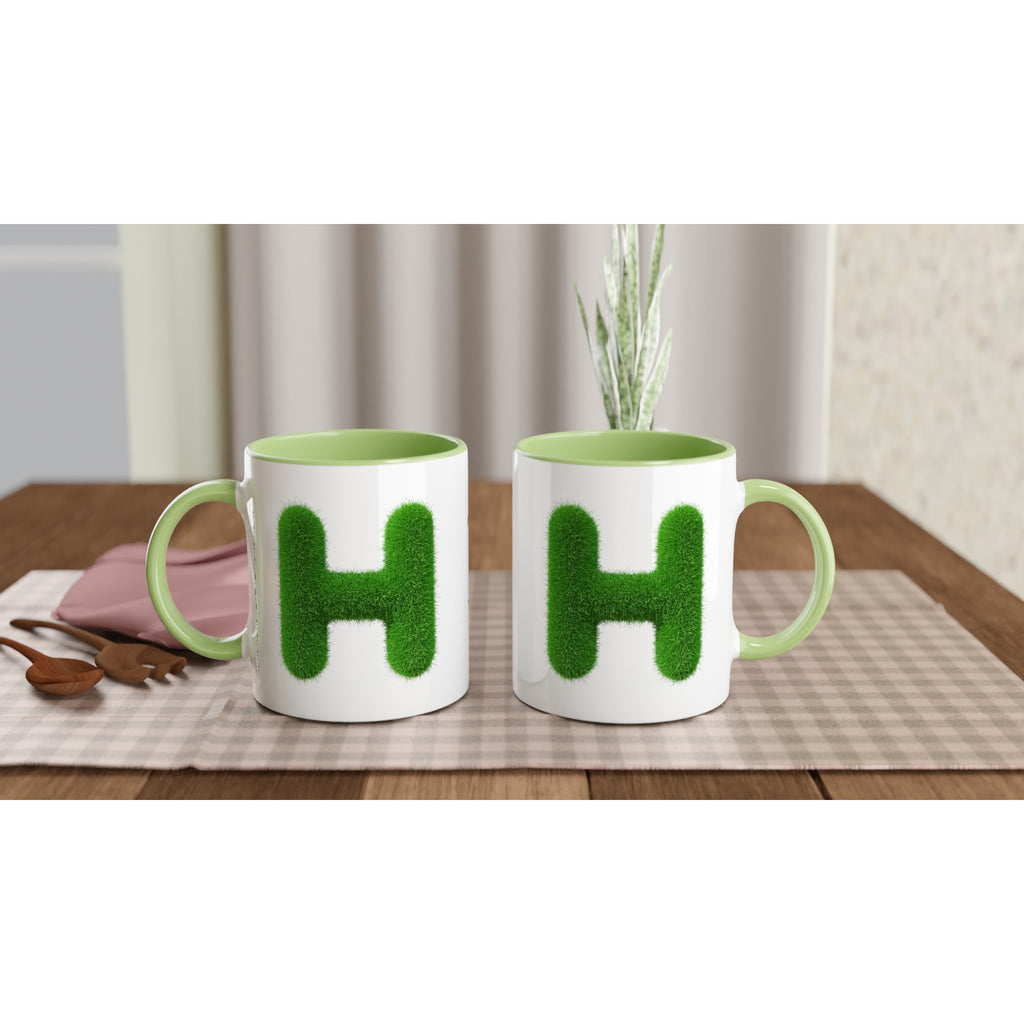 Personalised - Grass Initial - White 11oz Ceramic Mug with Color Inside Personalised 11oz Mug Customise Globally Fulfilled Name Personalise