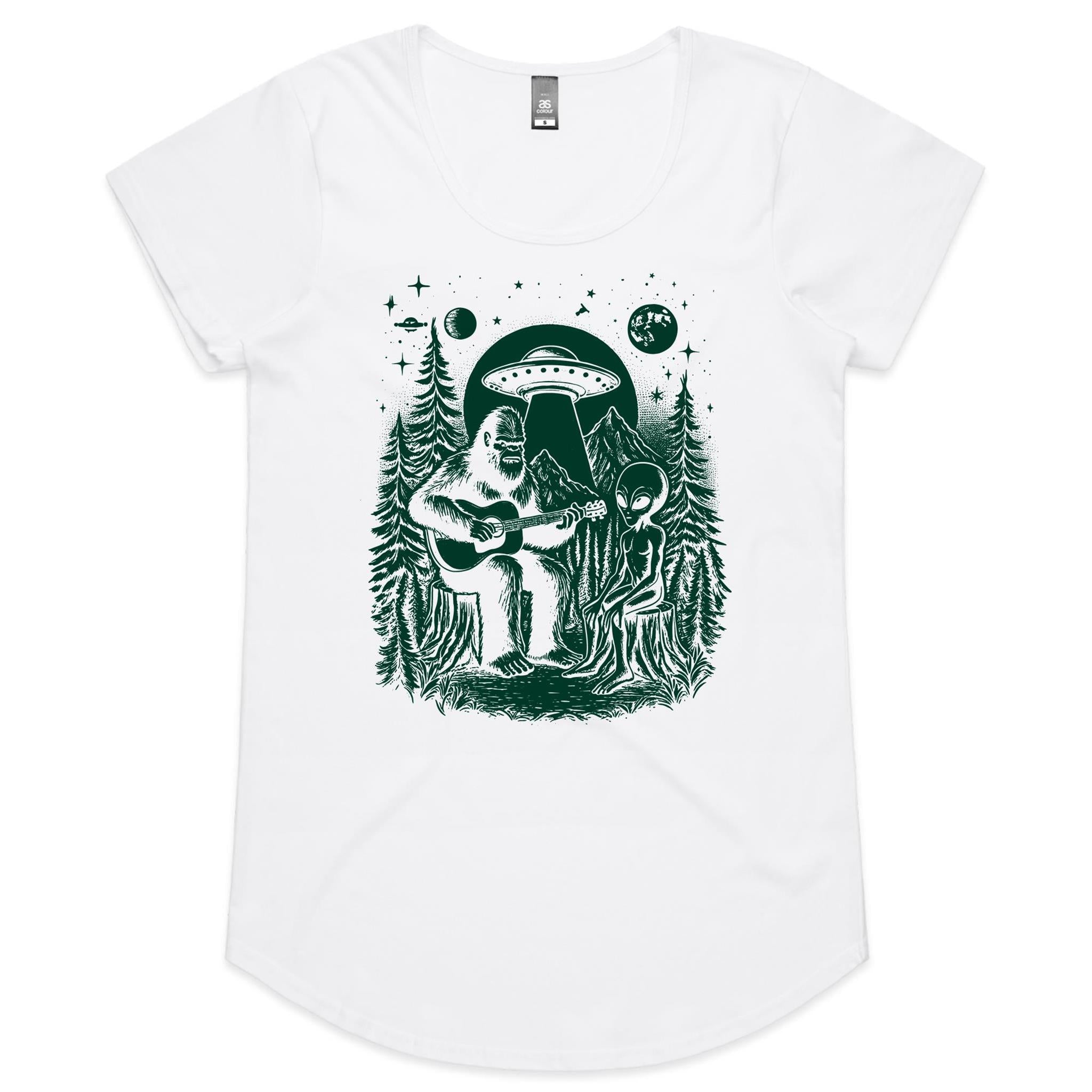 Alien And Bigfoot Playing Guitar - Womens Scoop Neck T-Shirt White Womens Scoop Neck T-shirt Music Printed In Australia Sci Fi