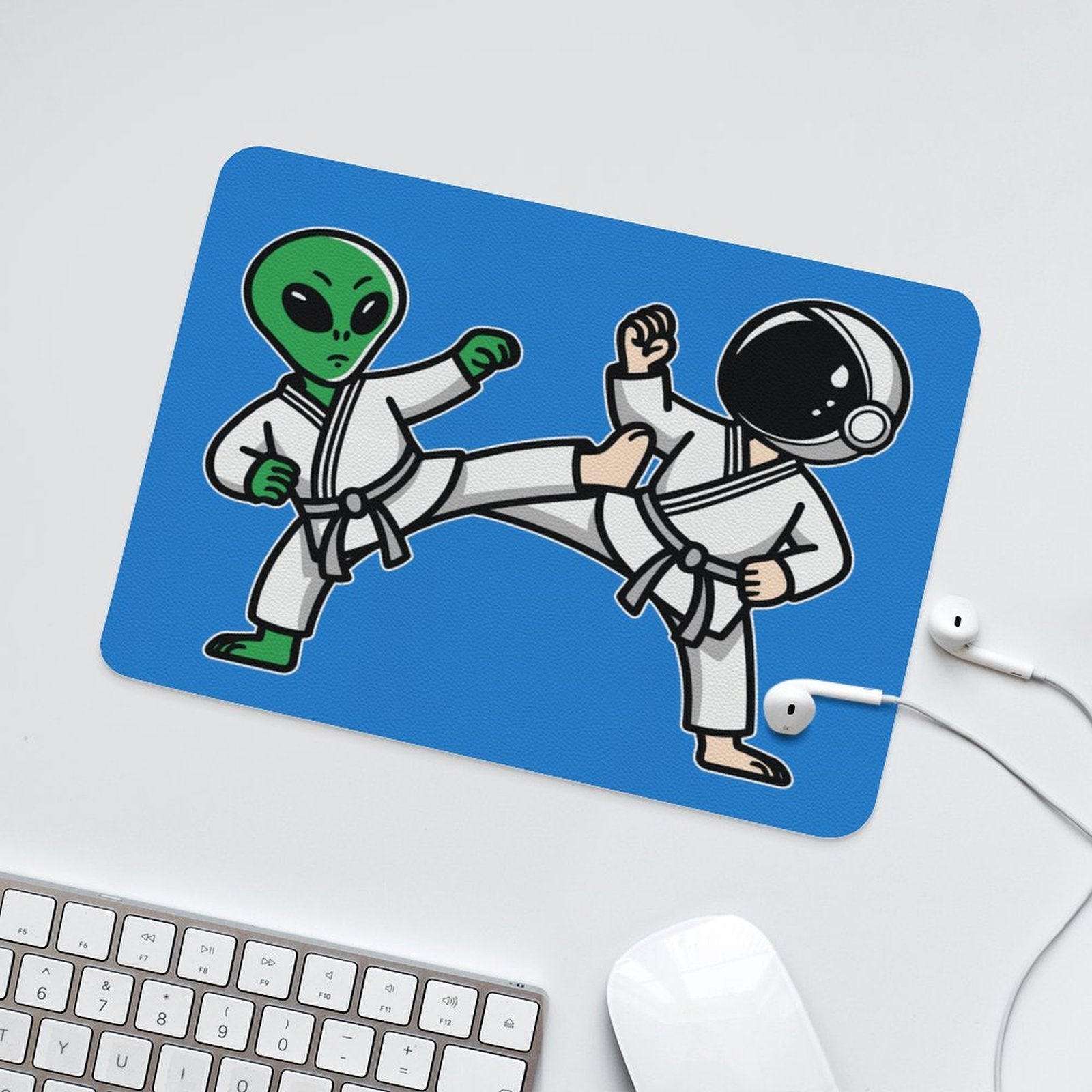 Karate Alien And Astronaut - Leather Mouse Pad Leather Mouse Pad Printed Offshore Sci Fi Space