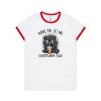 Frazzled Cat, Hang On Let Me Overthink This Women's AS Colour Ringer Tee White Red Womens Ringer T-shirt animal Printed In Australia