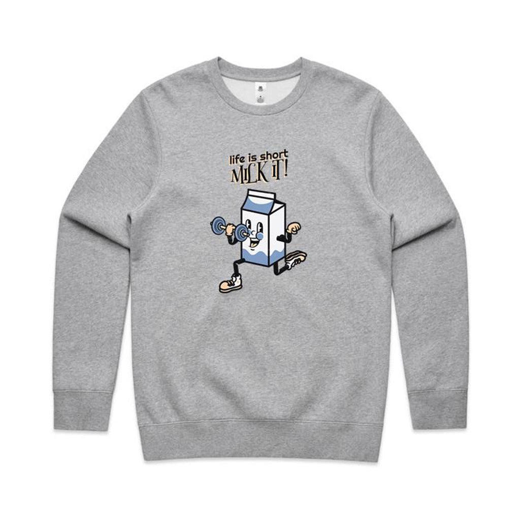 Life Is Short, Milk It - AS Colour Stencil Crew Grey Marle Sweatshirt Fitness Printed In Australia