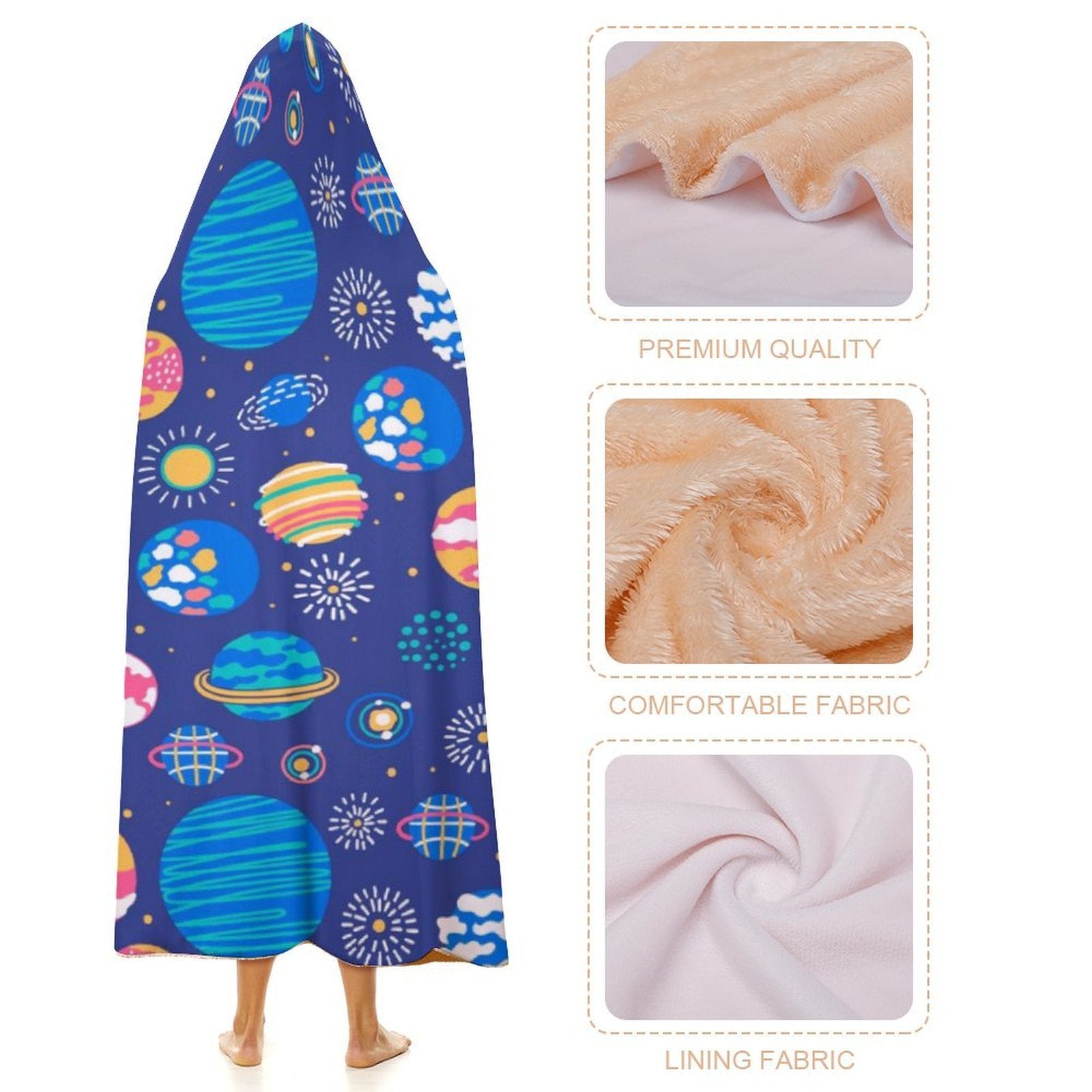 Planets On Blue Kids Hooded Blanket 100cm x 130cm