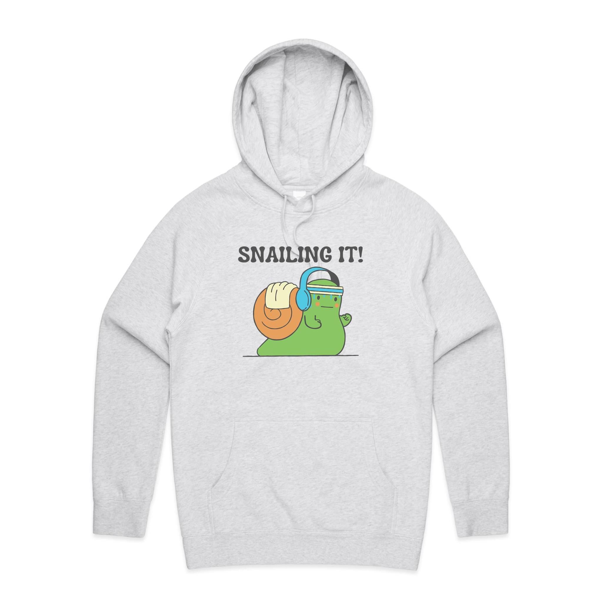 Snailing It - Mens Hoodie White Marle Mens Hoodie animal Fitness Positivity Printed In Australia