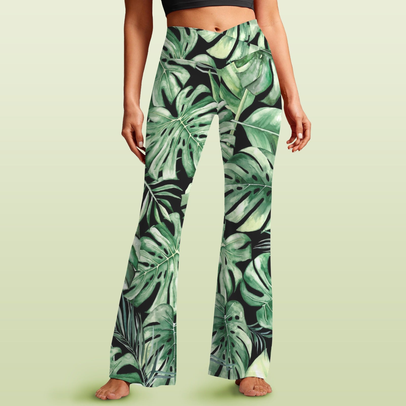 Jungle Leaves High Waist Crossover Tummy Control Flare Leggings 5XL High Waist Flare Leggings Plants Printed Offshore