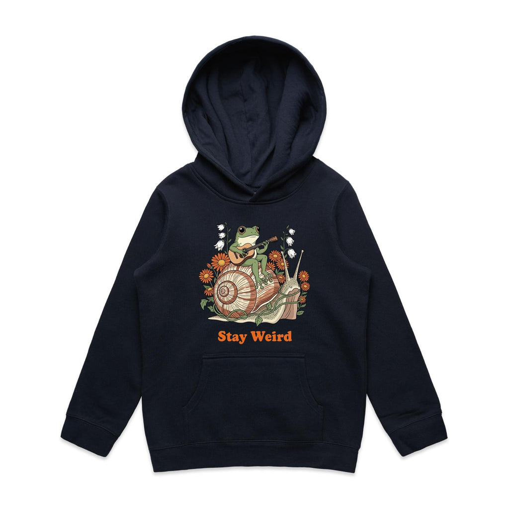 Stay Weird, Guitar Playing Frog On A Snail - Kids Hoodie