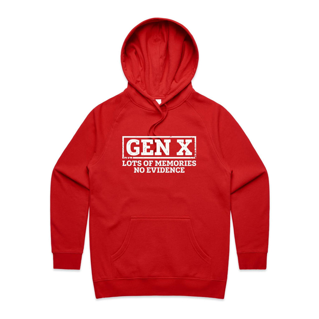 Gen X, Lots Of Memories, No Evidence Women's AS Colour Hoodie Red Womens Hoodie Printed In Australia