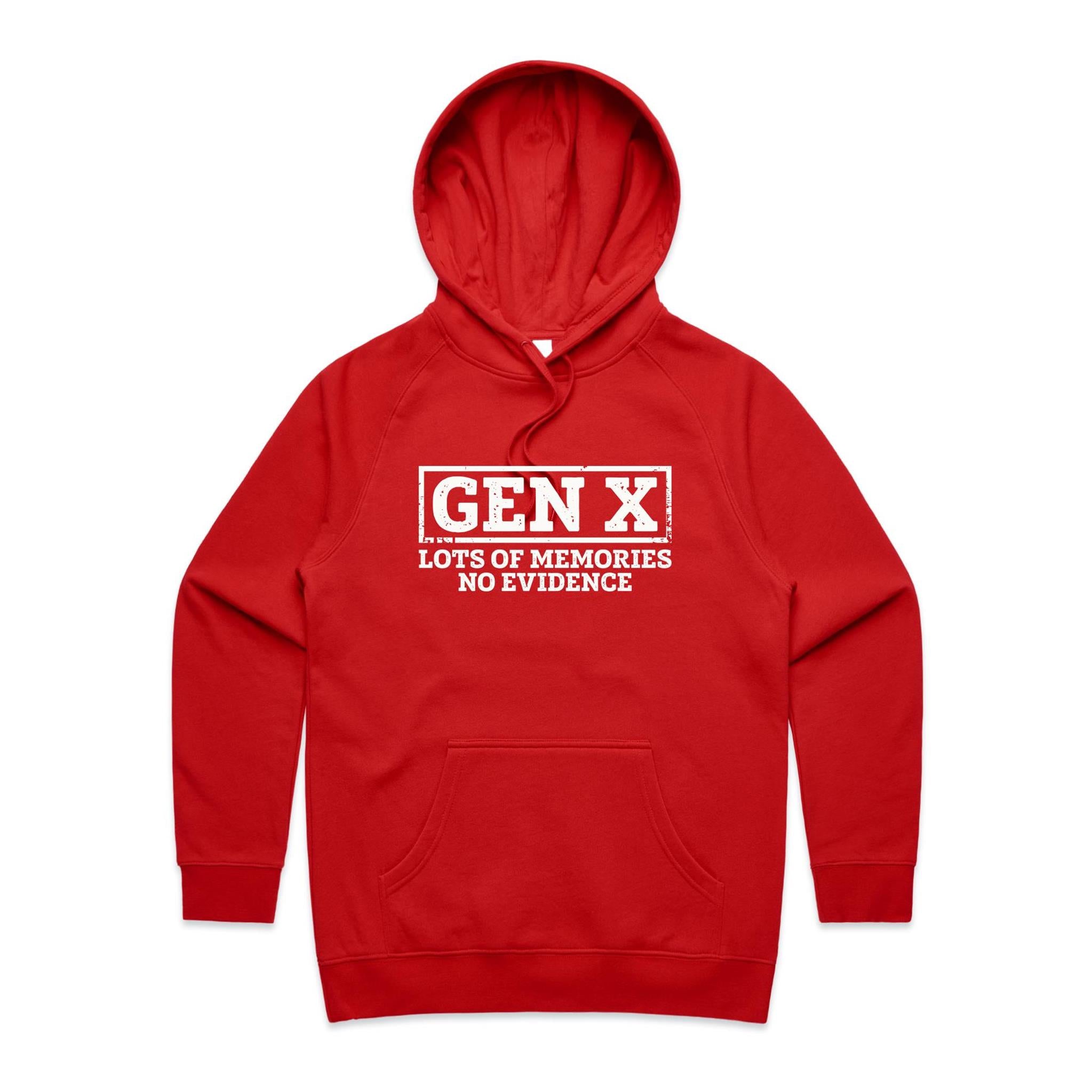 Gen X, Lots Of Memories, No Evidence - Womens Hoodie Red Womens Hoodie Printed In Australia