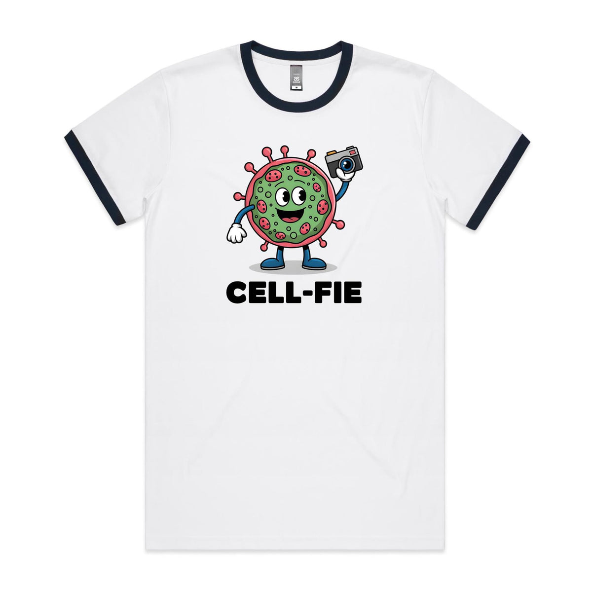Cell-fie Cell Selfie AS Colour Staple Ringer Tee White Navy Ringer T-Shirt Printed In Australia Science