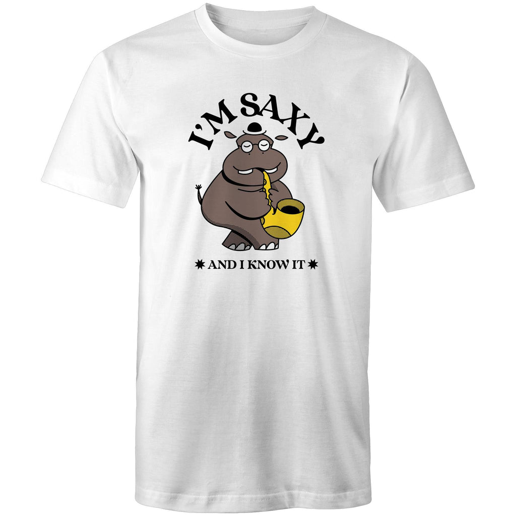 I'm Saxy And I Know It, Saxophone Hippo - Mens T-Shirt White Mens T-shirt animal Music Printed In Australia