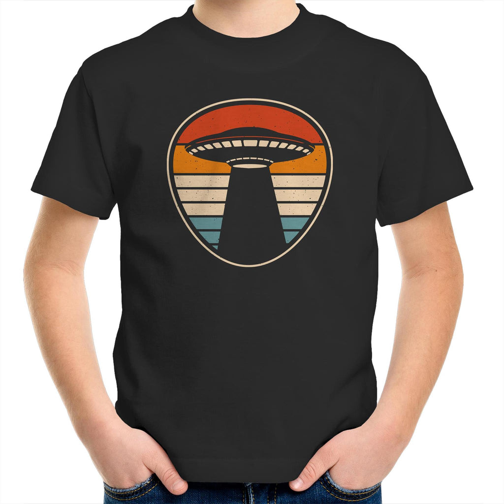 UFO, Retro Stripes - Kids Youth T-Shirt Black Kids Youth T-shirt Printed In Australia