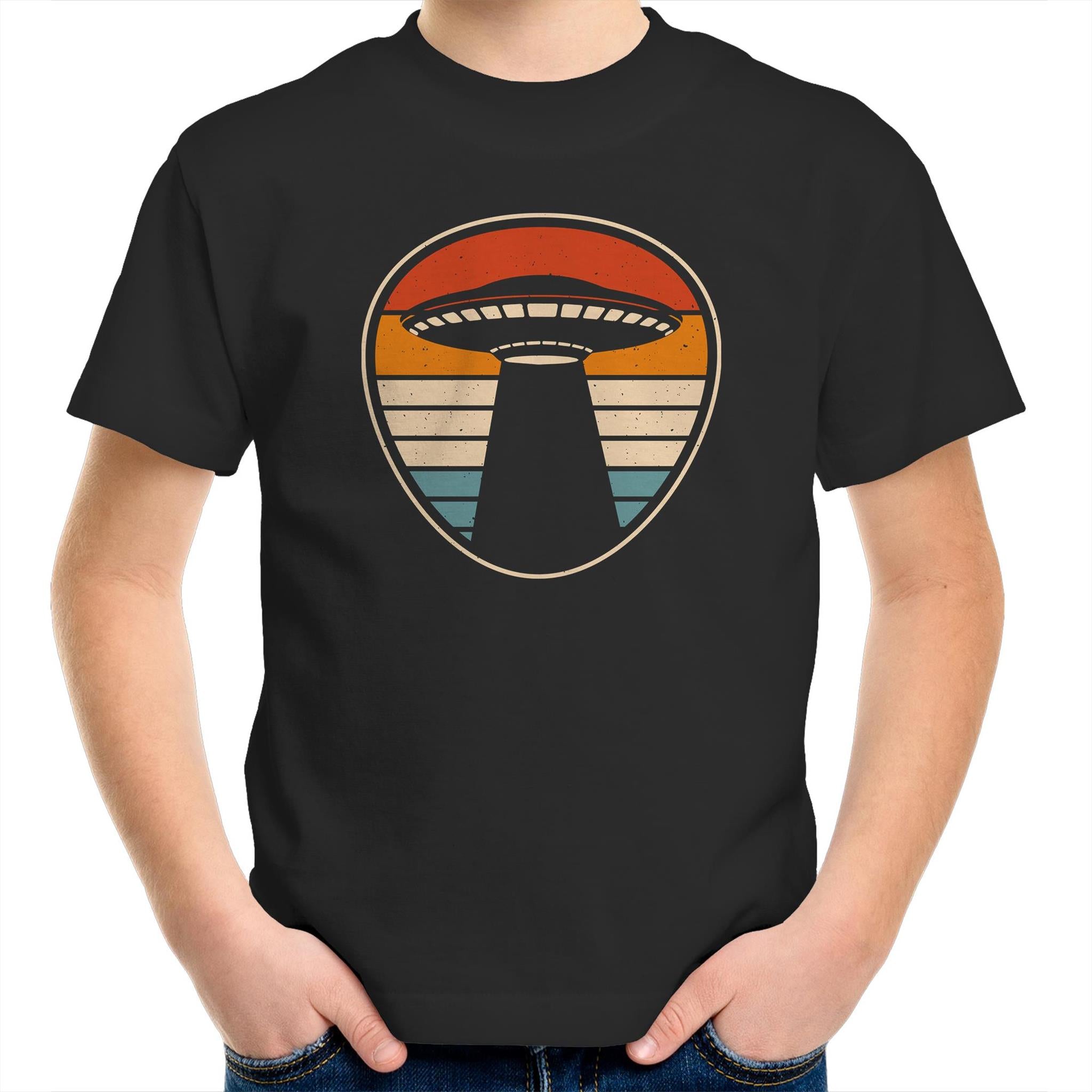 UFO, Retro Stripes - Kids Youth T-Shirt Black Kids Youth T-shirt Printed In Australia
