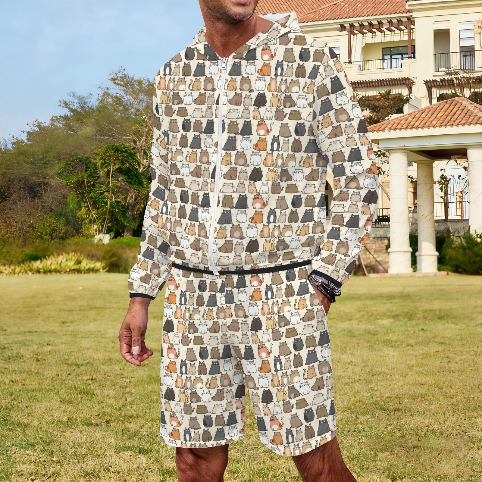 Lots Of Cats Men's Lightweight Sun Hoodie & Shorts Set Men's Lightweight Sun Hoodie & Shorts animal Printed Offshore