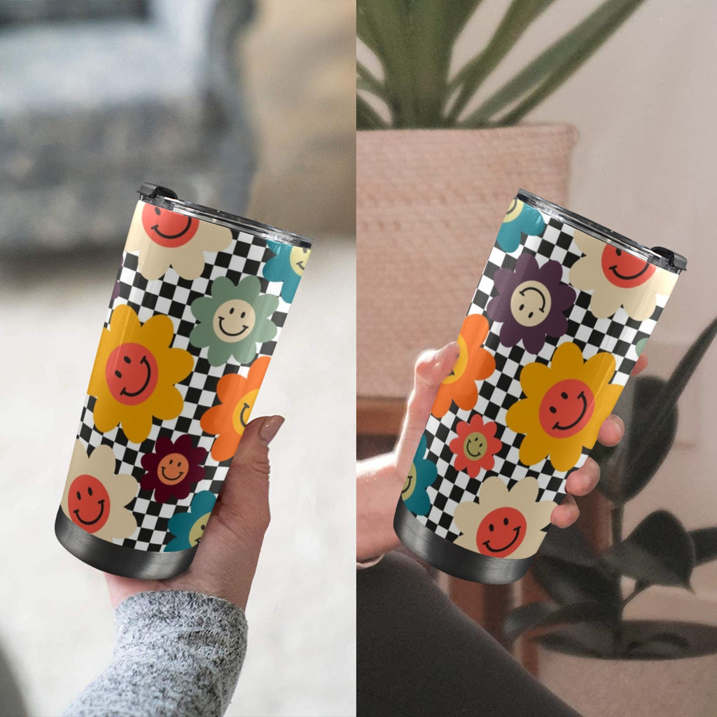 Happy Retro Flowers - 20oz Mobile Tumbler with Lid (Black Lock) 20oz Travel Mug Printed Offshore Retro
