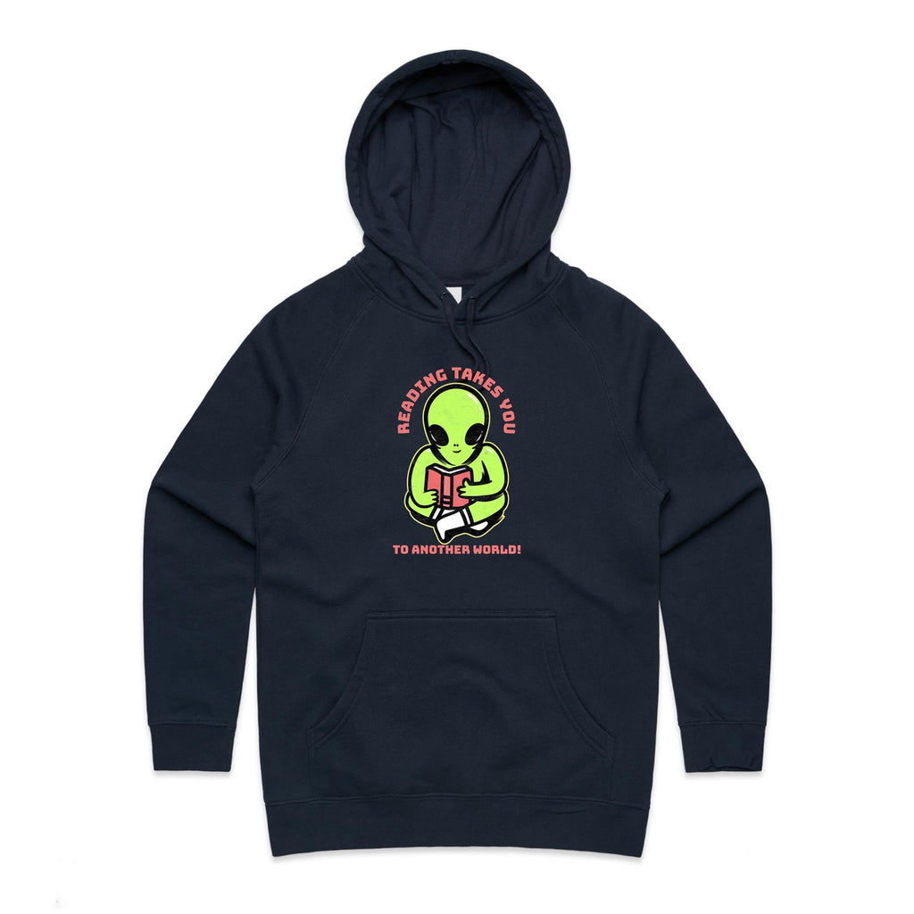 Reading Takes You To Another World, Alien - Womens Hoodie Navy Womens Hoodie Printed In Australia Reading Sci Fi