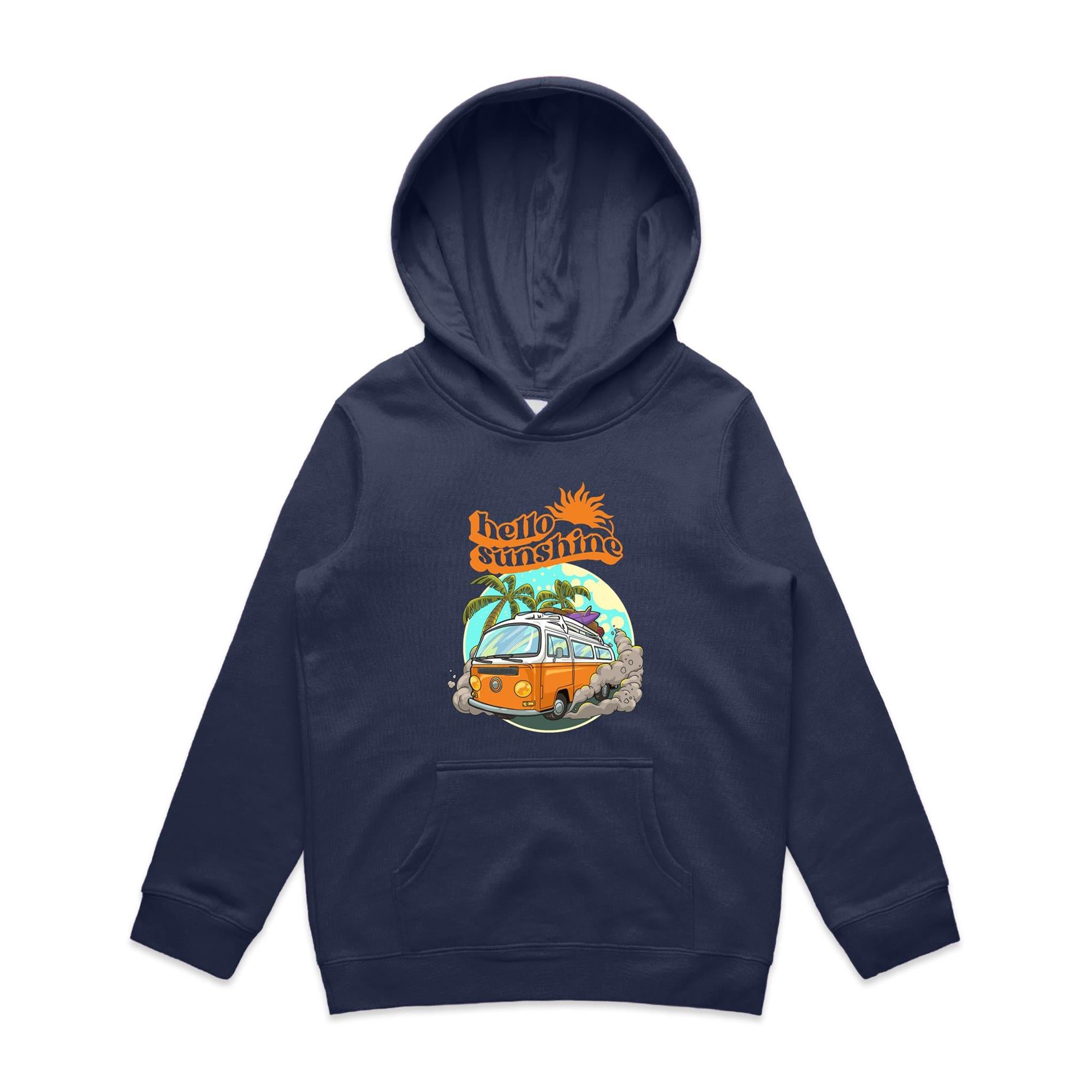 Hello Sunshine, Beach Van - Kids Hoodie Midnight Blue Kids Hoodie Printed In Australia