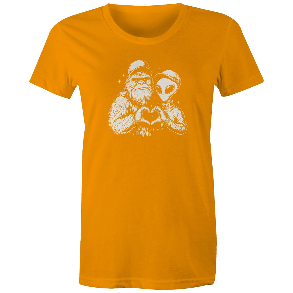 Alien Bigfoot Heart Hands - Womens T-shirt Orange Womens T-shirt Love Printed In Australia Sci Fi