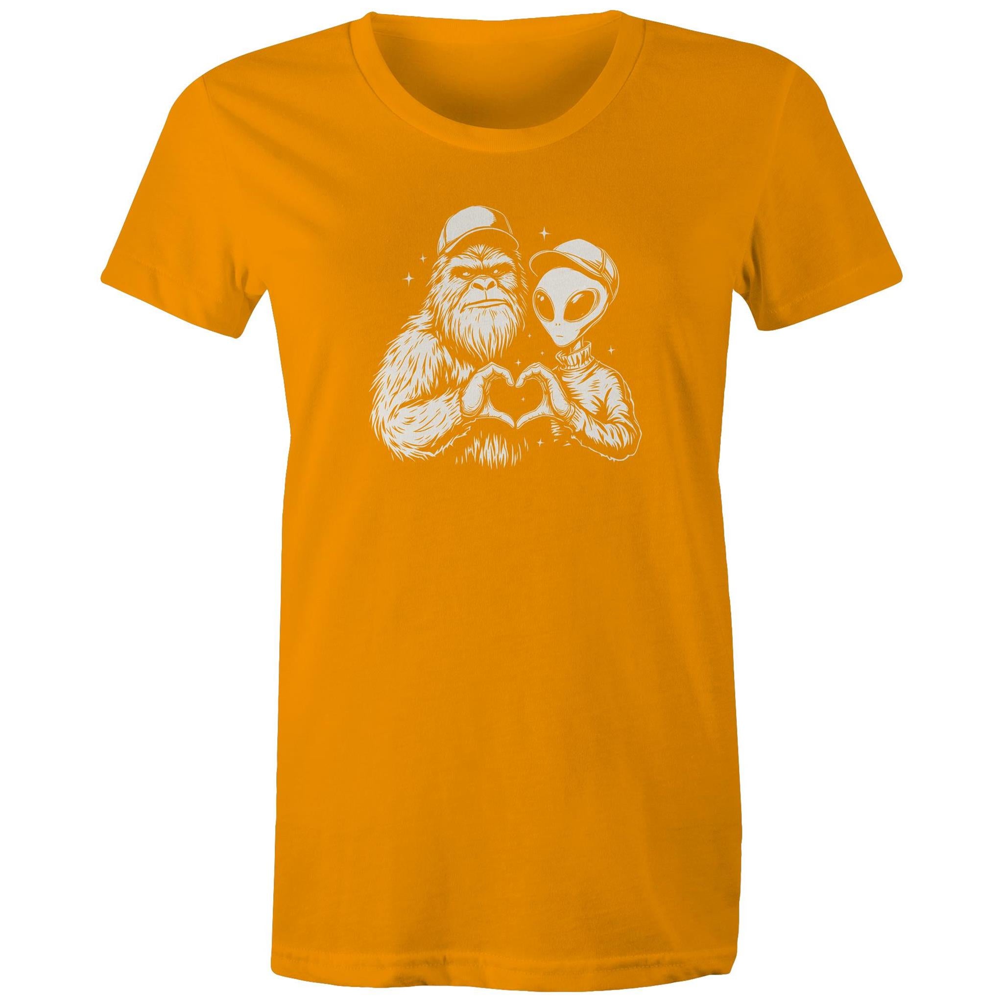 Alien Bigfoot Heart Hands - Womens T-shirt Orange Womens T-shirt Love Printed In Australia Sci Fi
