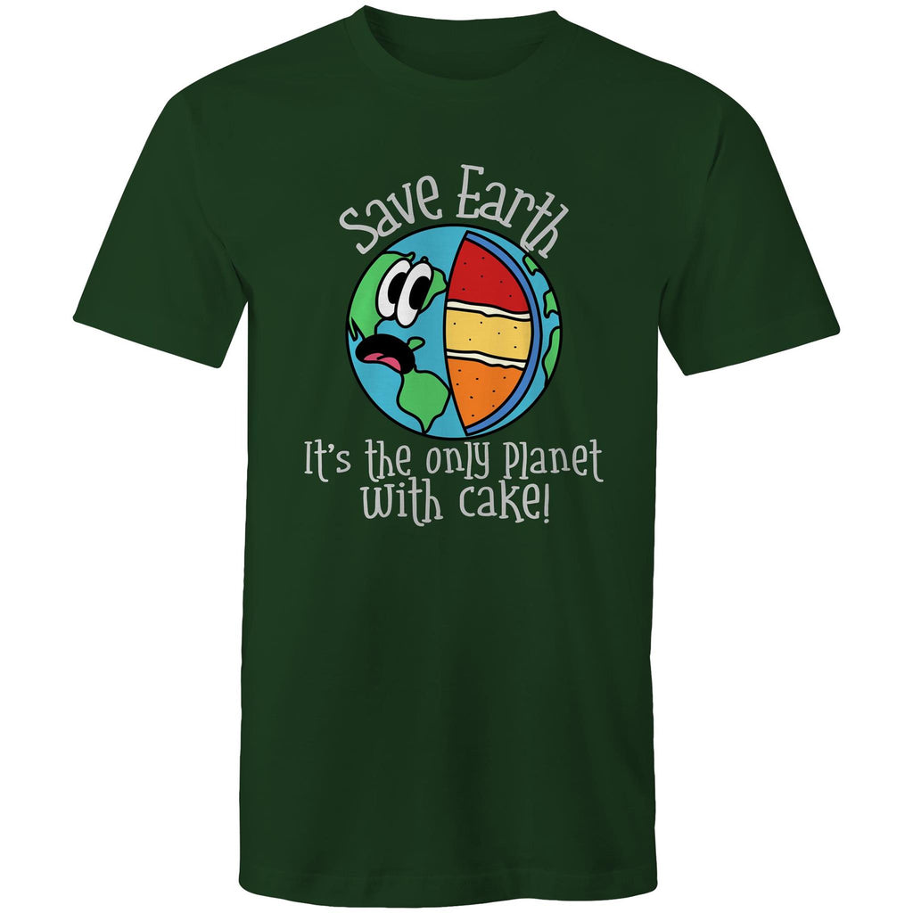 Save Earth, It's The Only Planet With Cake - Mens T-Shirt Forest Green Mens T-shirt Environment Food Printed In Australia