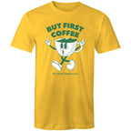 But First Coffee, The Coffee Addicts Club - Mens T-Shirt Yellow Mens T-shirt Coffee Printed In Australia