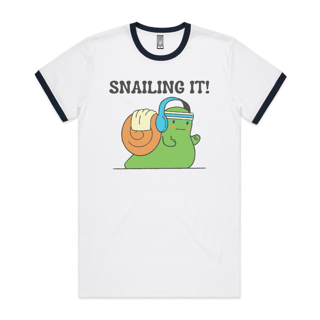 Snailing It - Staple Ringer Tee White Navy Ringer T-Shirt animal Fitness Printed In Australia