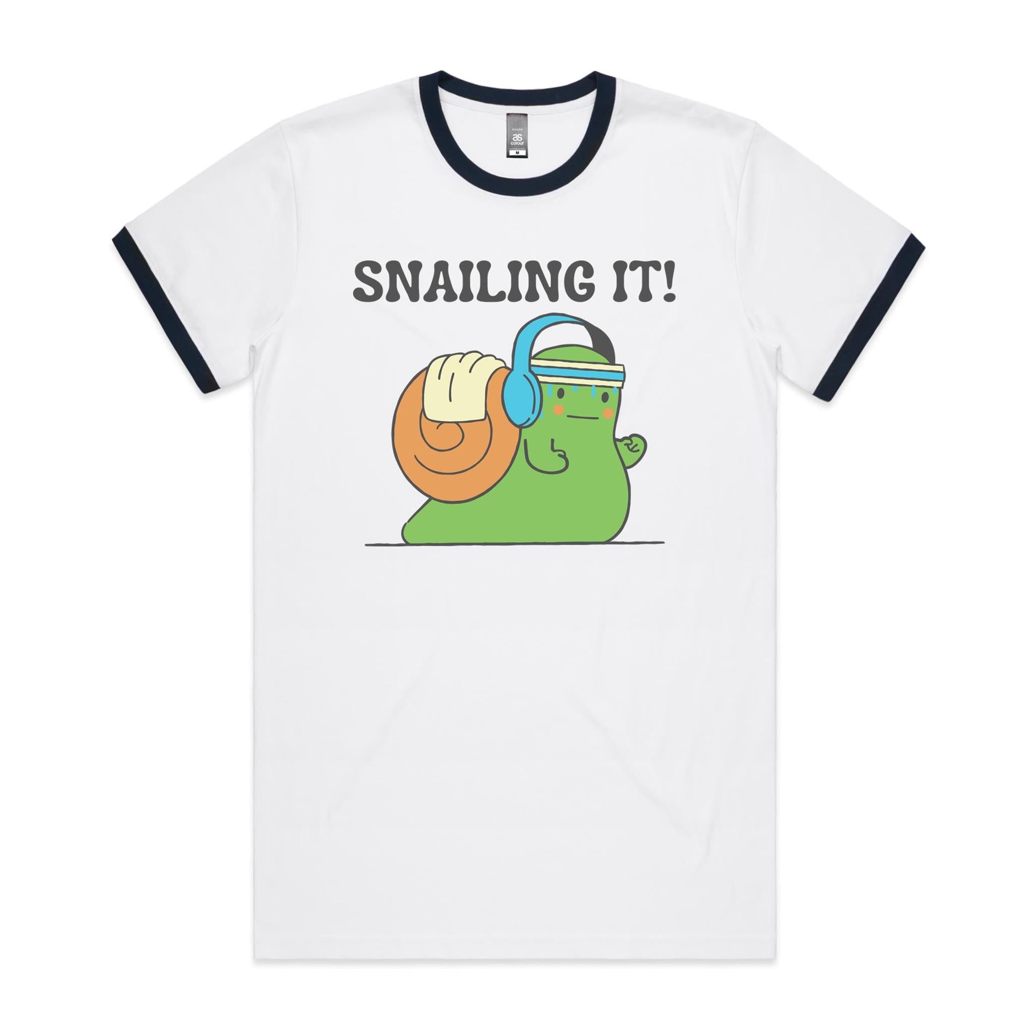 Snailing It - Staple Ringer Tee White Navy Ringer T-Shirt animal Fitness Printed In Australia
