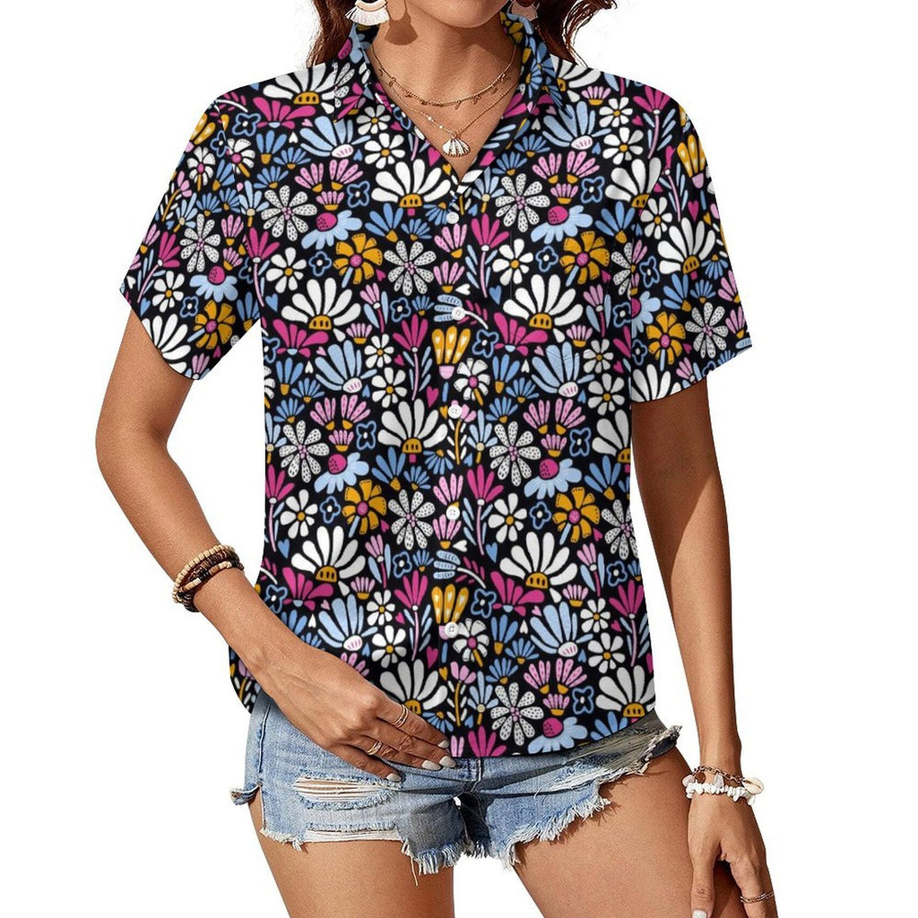 Graphic Flowers On Black Women's Short-Sleeve Button Up Shirt white Women's Short-Sleeve Button Up Shirt Plants Printed Offshore