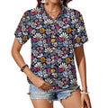 Graphic Flowers On Black Women's Short-Sleeve Button Up Shirt white Women's Short-Sleeve Button Up Shirt Plants Printed Offshore